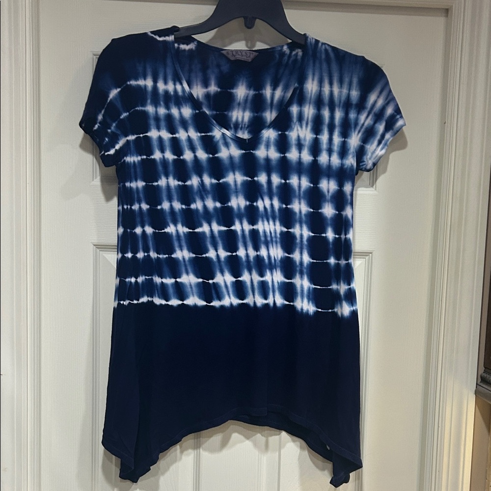 Tryst Navy and White Tie-Dye Short Sleeve Sharkbite Tee